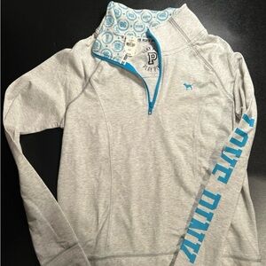 Victoria's Secret PINK dog Gray and Blue activewear half zip top LS sz SM